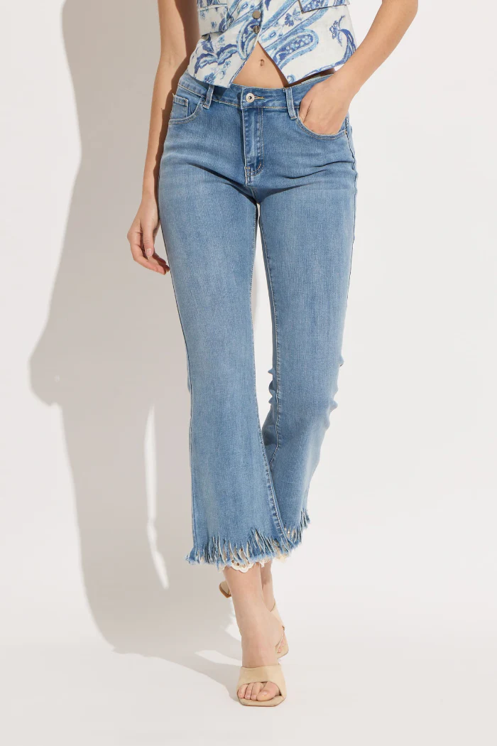 Fringe/Eyelet Combo Cropped Jeans - Denim Blue - Image 2