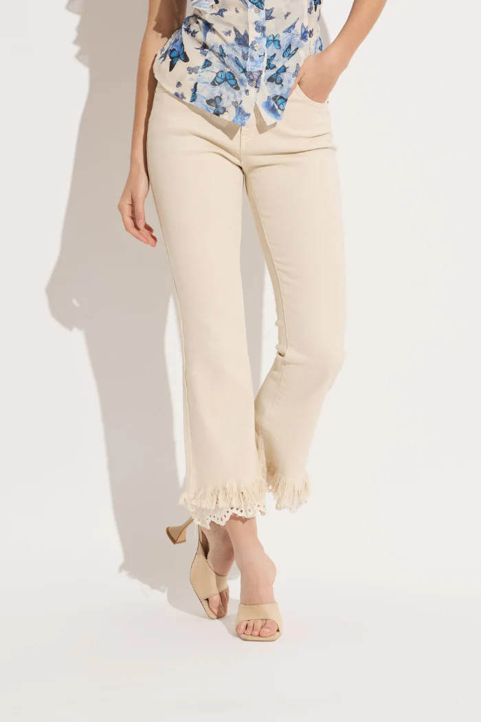 Fringe/Eyelet Combo Cropped Jeans - Tan - Image 2