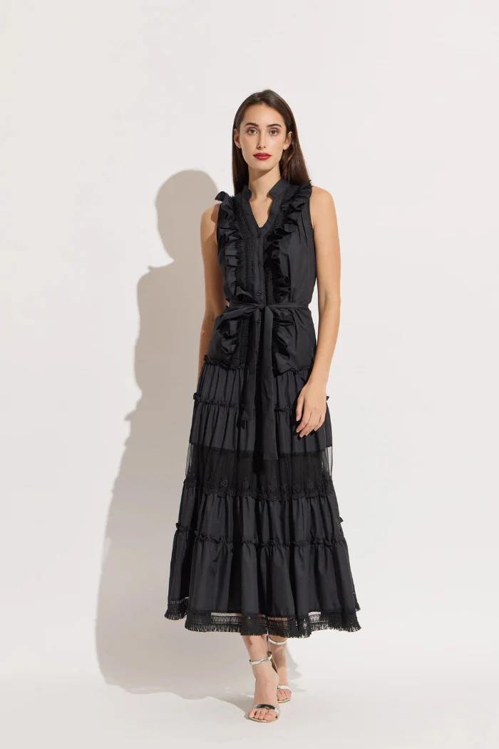 Front Ruffle Mesh Combo Maxi Dress - Black
