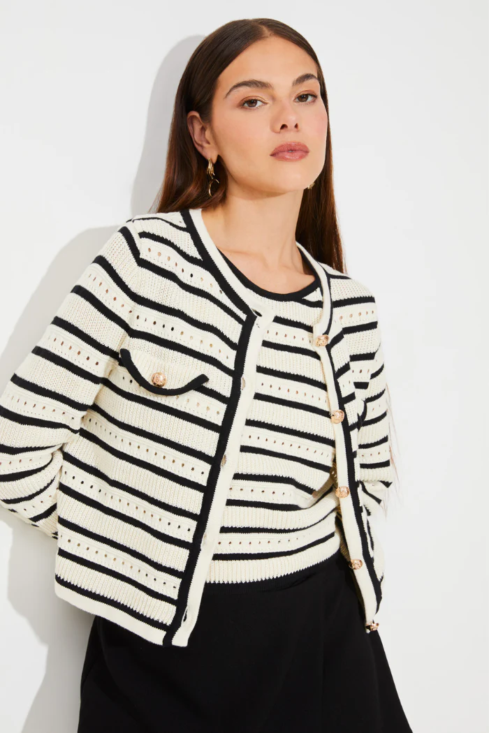 Ganeo Open Work Striped Cardigan
