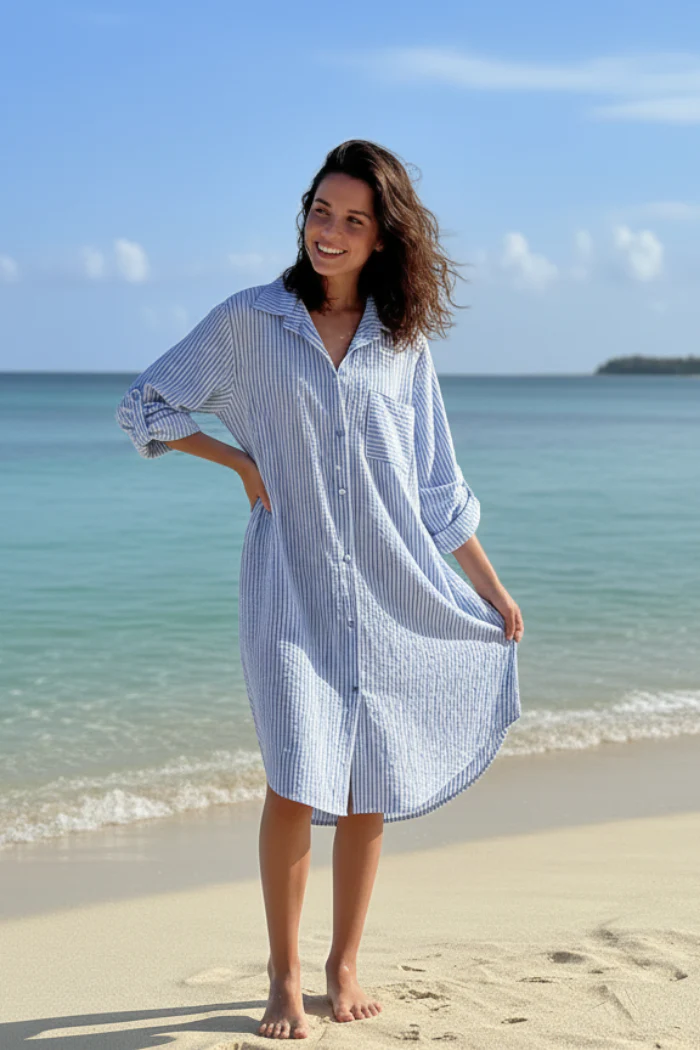 Italian Striped Cotton Oversize Shirt Dress Cover Up