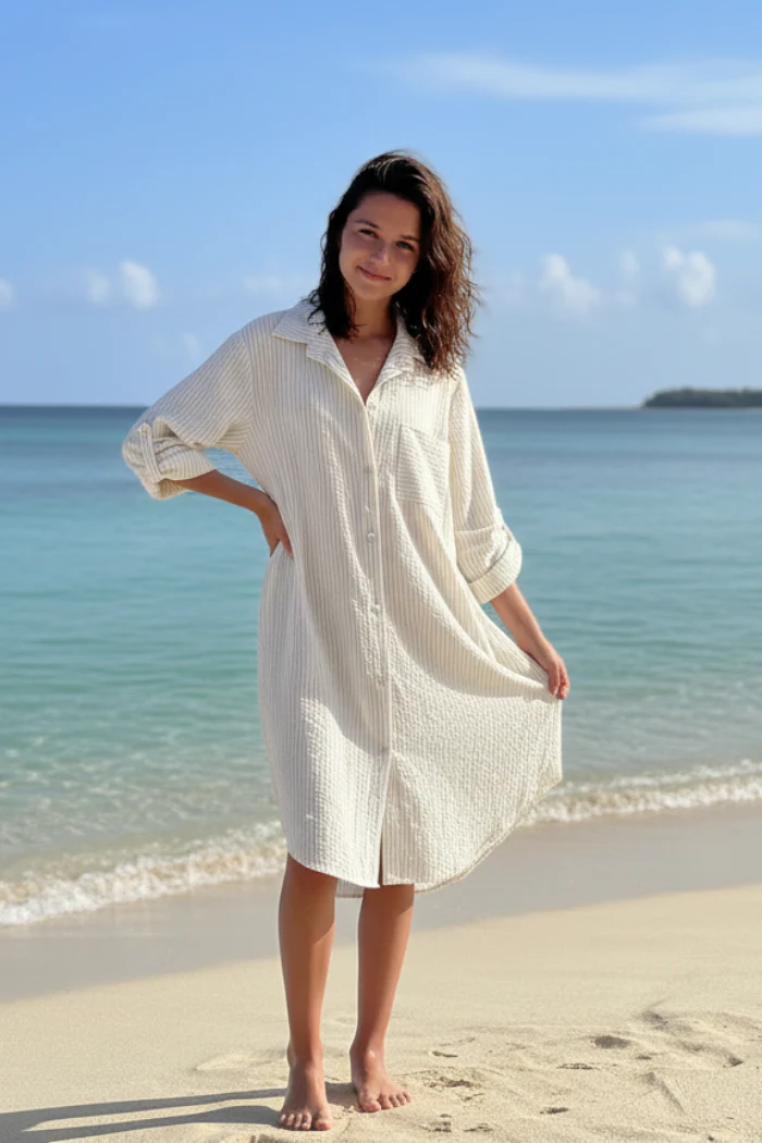 Italian Striped Cotton Oversize Shirt Dress Cover Up - Image 2