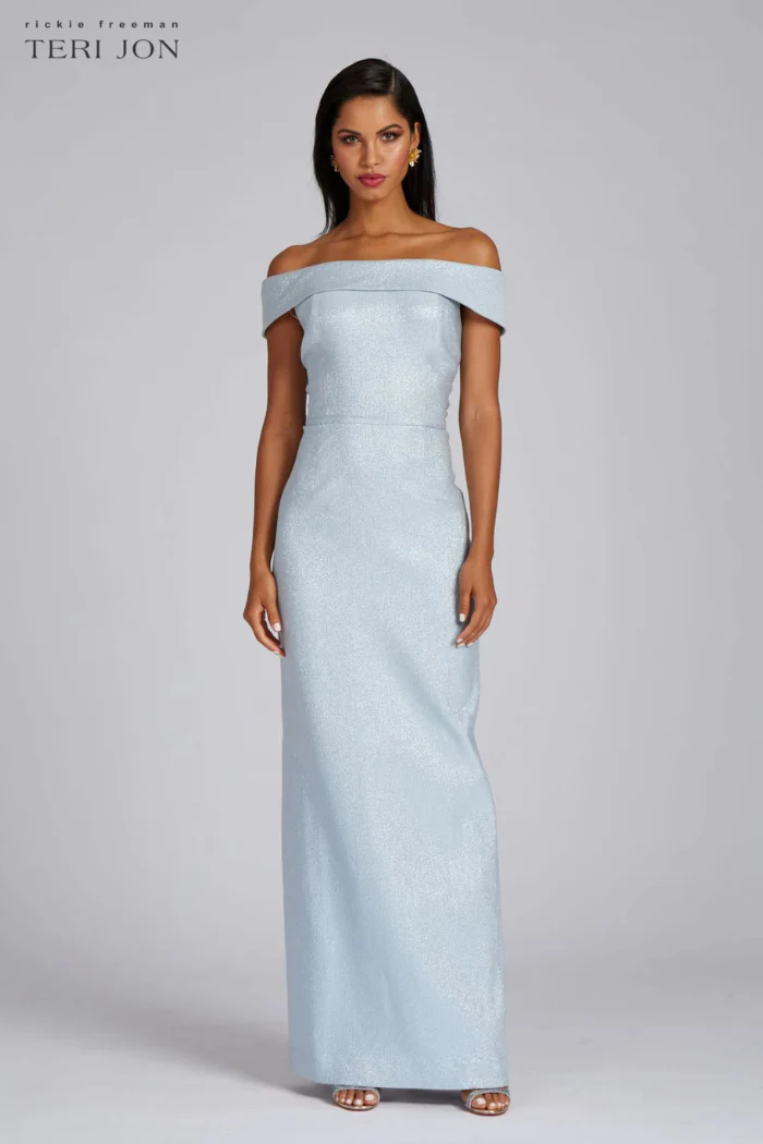 Jacquard Off The Shoulder Column Gown - Image 3
