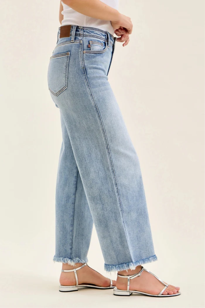 Judy Blue Mid Rise Ankle Hollywood Waistband Fray Hem Wide Leg Denim - Image 10
