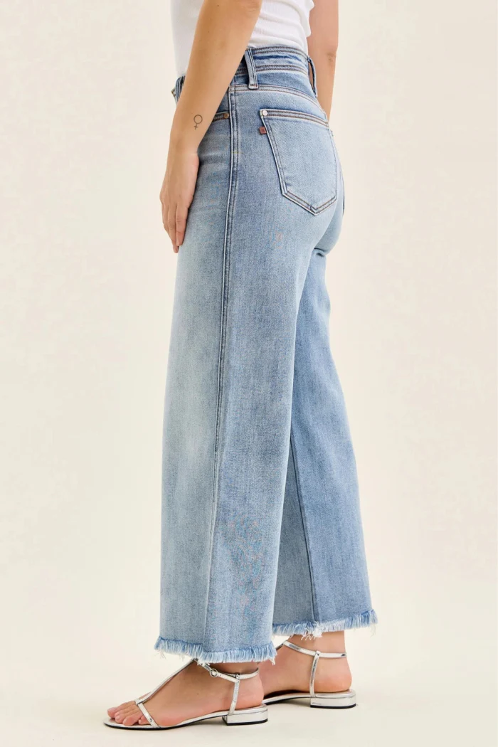 Judy Blue Mid Rise Ankle Hollywood Waistband Fray Hem Wide Leg Denim - Image 11