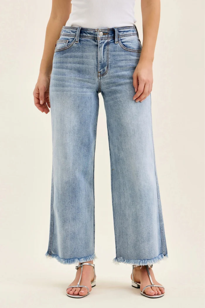 Judy Blue Mid Rise Ankle Hollywood Waistband Fray Hem Wide Leg Denim - Image 6