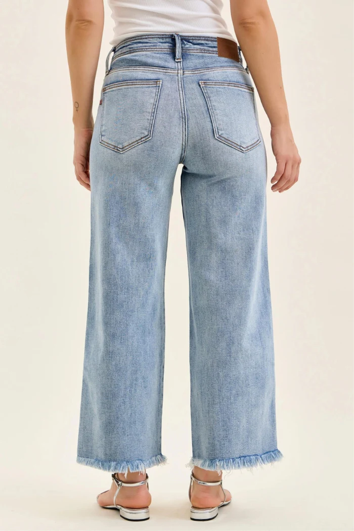 Judy Blue Mid Rise Ankle Hollywood Waistband Fray Hem Wide Leg Denim - Image 8