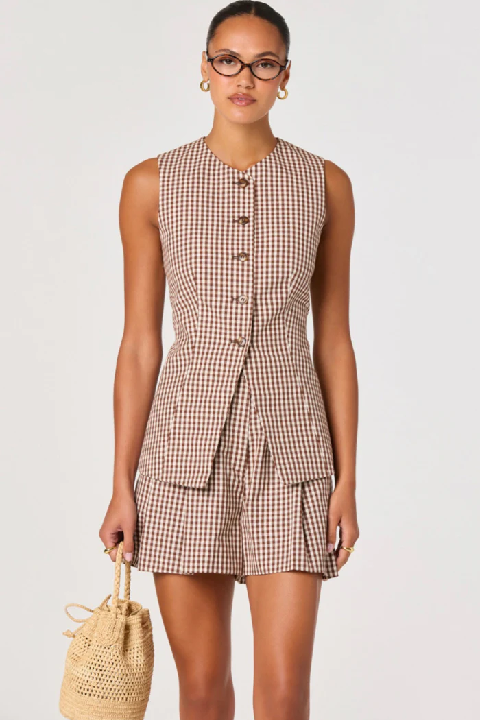 ASTR the Label Karan Brown Gingham Tailored Vest Top