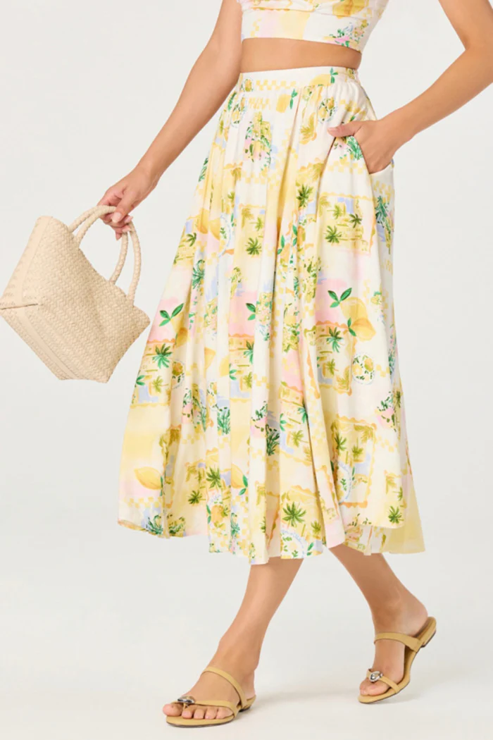 ASTR the Label Kaleigh Lemon Floral Midi Skirt | Tropical Citrus Print