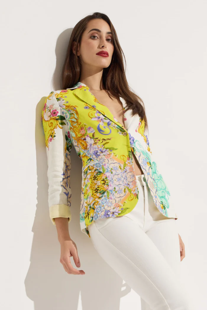 Linen Tapestry Print One Button Blazer