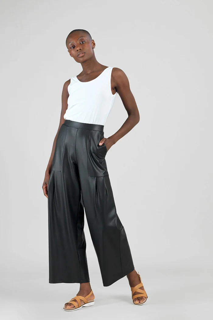 Liquid Leather Wide Leg Pant w/ Pleated Pockets