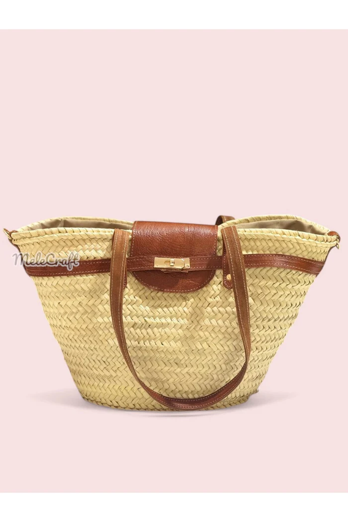 Luxury Straw Tote Bag with Leather Lock Closure - Image 3