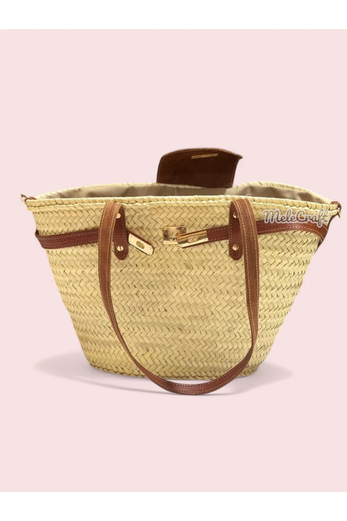 Luxury Straw Tote Bag with Leather Lock Closure - Image 6