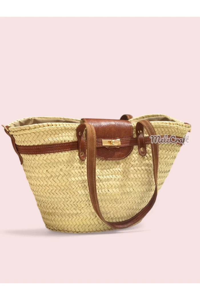 Luxury Straw Tote Bag with Leather Lock Closure - Image 7