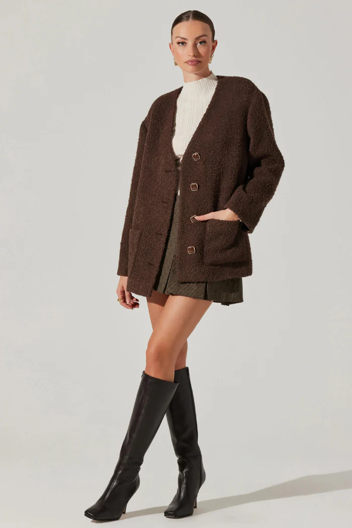 Maidy Boucle V-Neck Coat - Brown - Image 3