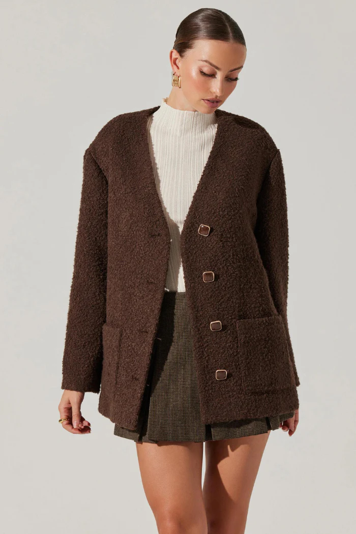 Maidy Boucle V-Neck Coat - Brown - Image 5
