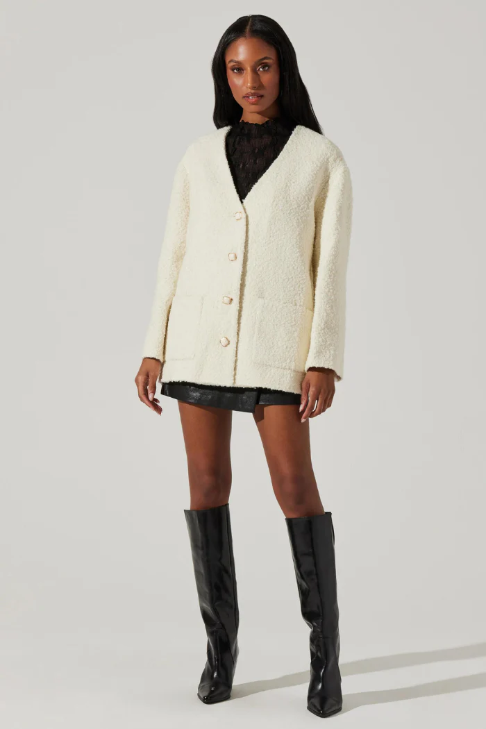 Maidy Boucle V-Neck Coat - Cream - Image 3