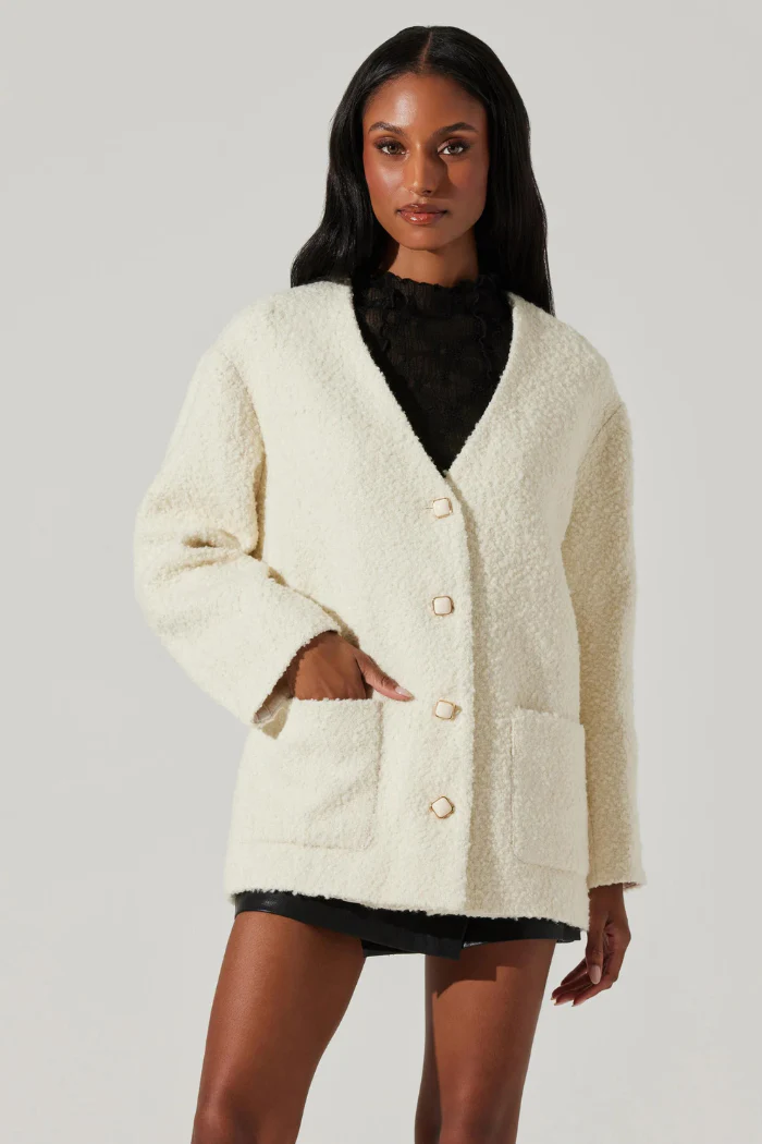 Maidy Boucle V-Neck Coat - Cream - Image 5
