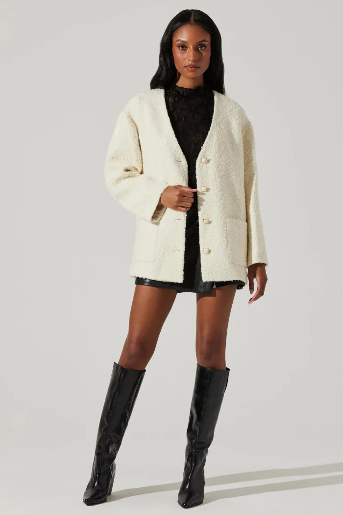 Maidy Boucle V-Neck Coat - Cream - Image 6