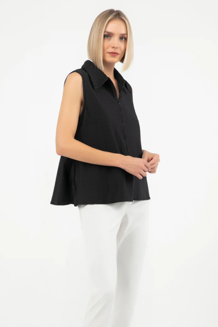 Maris Textured V-Neck Zip Tank – Sleeveless Collared Blouse - Image 3