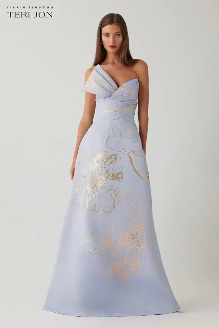 Metallic Jacquard Strapless Side Bow A Line Skirt Gown