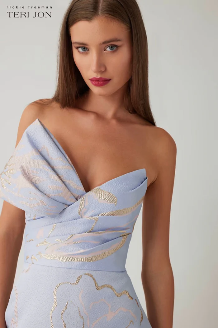 Metallic Jacquard Strapless Side Bow A Line Skirt Gown - Image 3