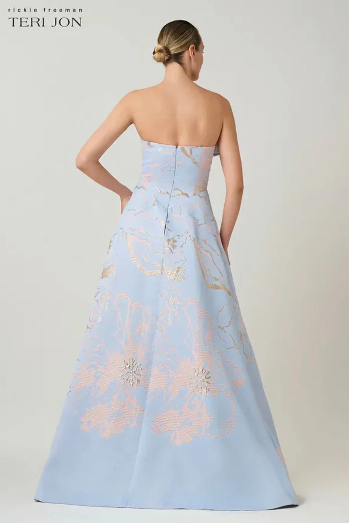 Metallic Jacquard Strapless Side Bow A Line Skirt Gown - Image 4
