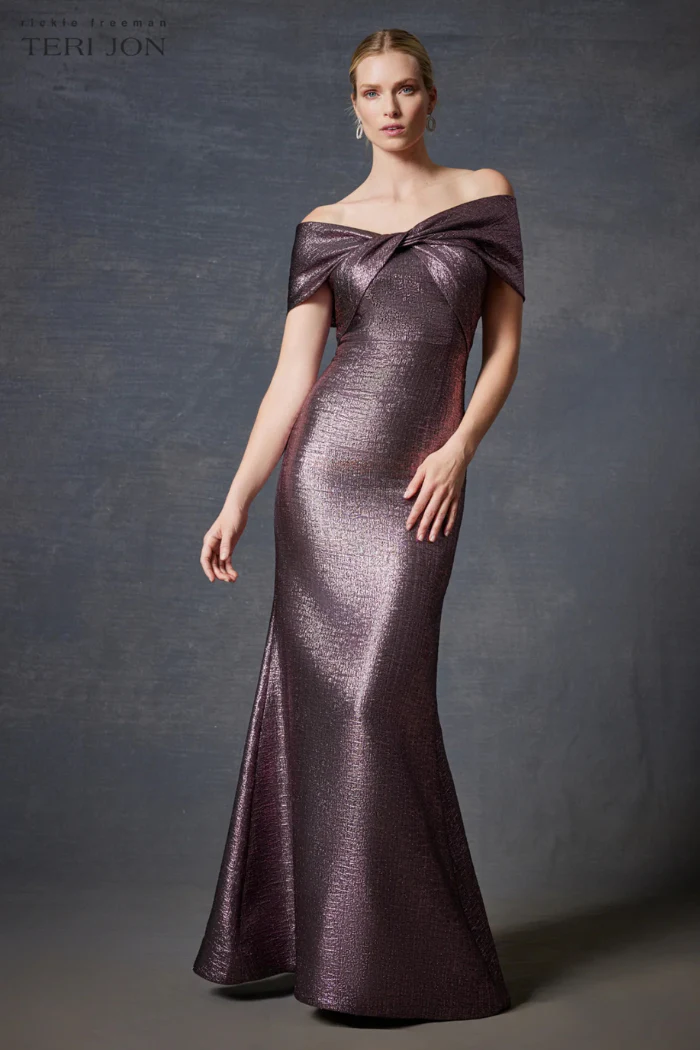 Metallic Jacquard Twist Bodice Off The Shoulder Gown - Image 11