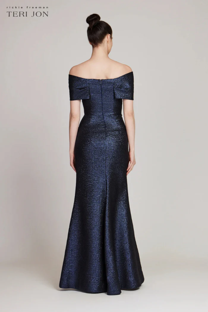 Metallic Jacquard Twist Bodice Off The Shoulder Gown - Image 2