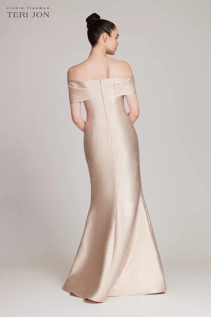 Metallic Jacquard Twist Bodice Off The Shoulder Gown - Image 6