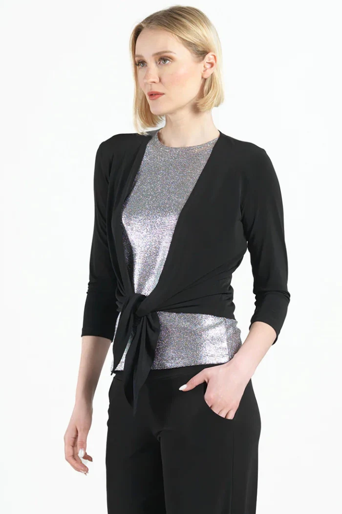 Modern 3/4 Sleeve Tie-Front Cardigan – Wrinkle-Free Silky Travel Knit - Black - Image 6