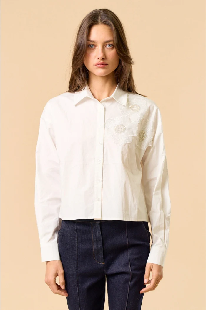 Off White Floral Appliqué Button Down Shirt