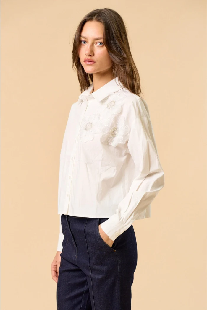 Off White Floral Appliqué Button Down Shirt - Image 2