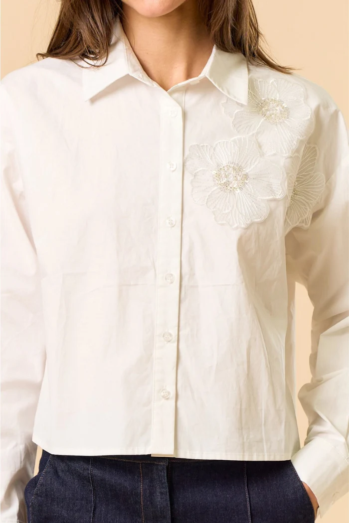 Off White Floral Appliqué Button Down Shirt - Image 4