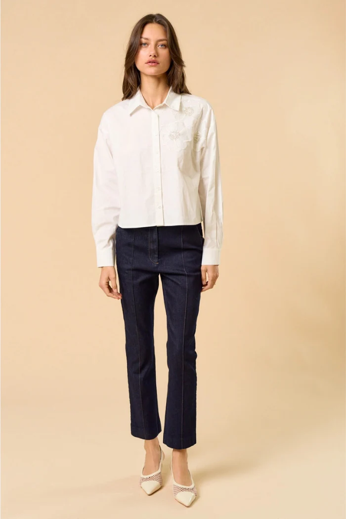 Off White Floral Appliqué Button Down Shirt - Image 5