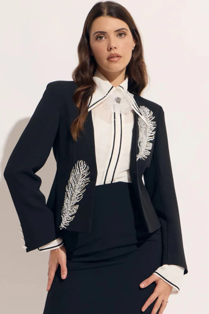 Seraphina Pearl Leaf Feather Open Blazer | Statement Evening Jacket - Image 2