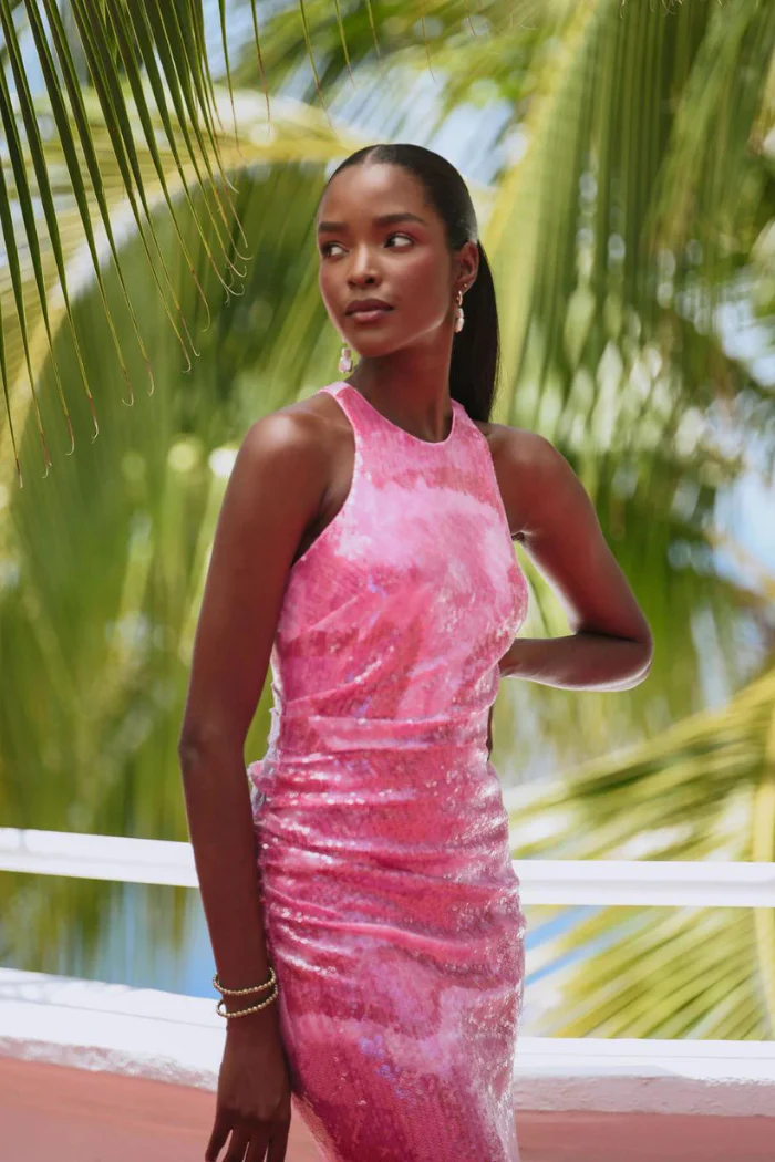 Hutch Perla Pink Sequin Ruched Midi Dress - Image 6
