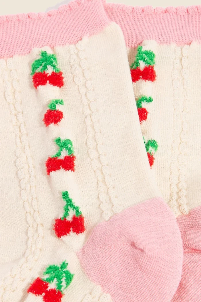 Pink Accent Cherry Embroidered Beige Socks - Image 2