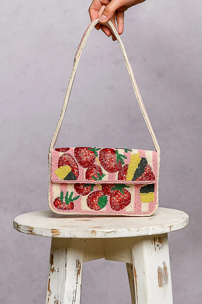 Pink Beaded Fruit Pattern Shoulder Flap Bag