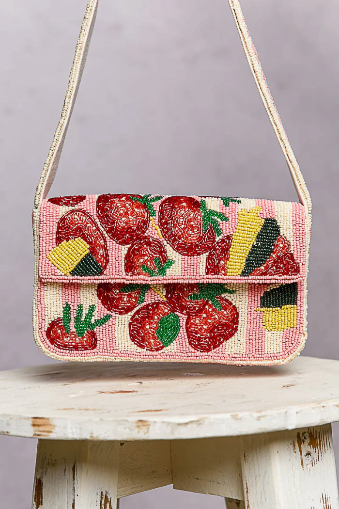 Pink Beaded Fruit Pattern Shoulder Flap Bag - Image 4