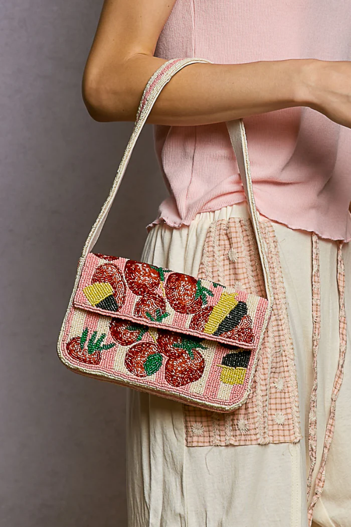 Pink Beaded Fruit Pattern Shoulder Flap Bag - Image 5