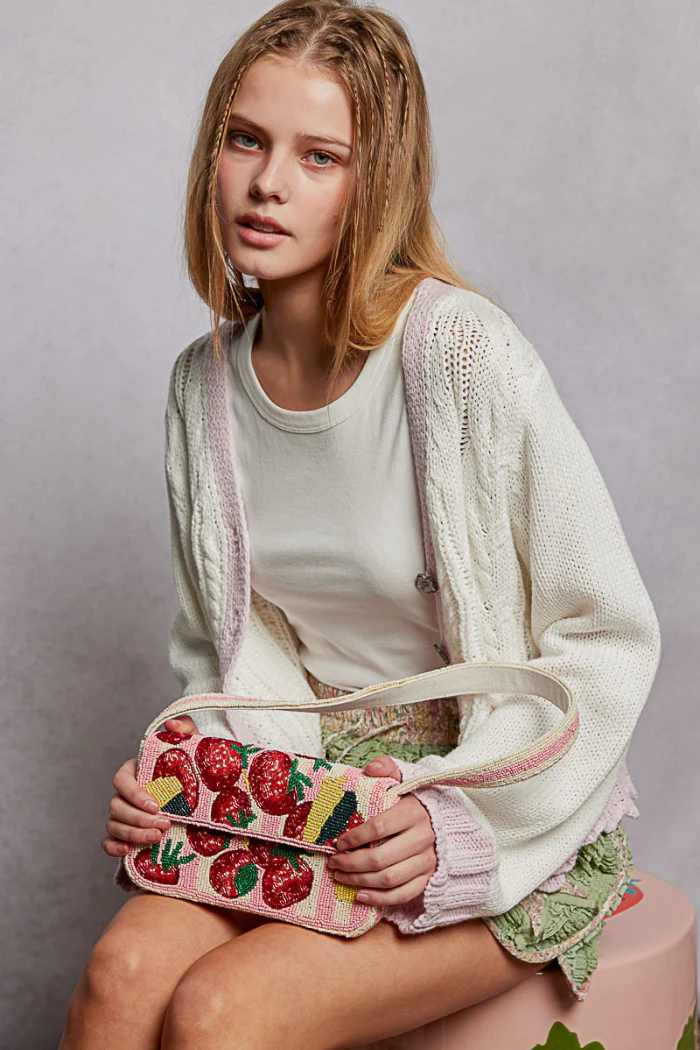 Pink Beaded Fruit Pattern Shoulder Flap Bag - Image 8