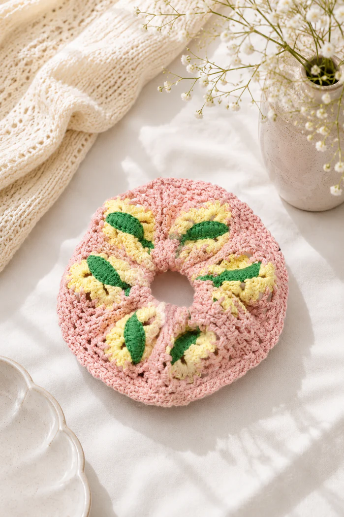 Pink Butterfly Bohemian Handmade Crochet Colorful Scrunchie - Image 3