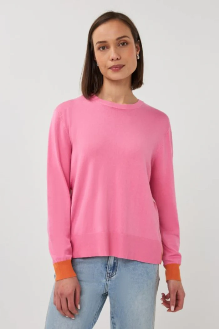 Pink Fine Knit Crew Neck Sweater with Contrast Detail