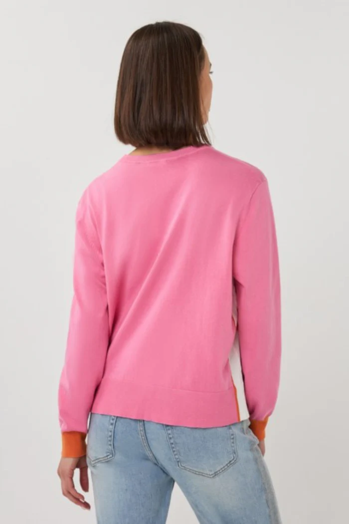 Pink Fine Knit Crew Neck Sweater with Contrast Detail - Image 3