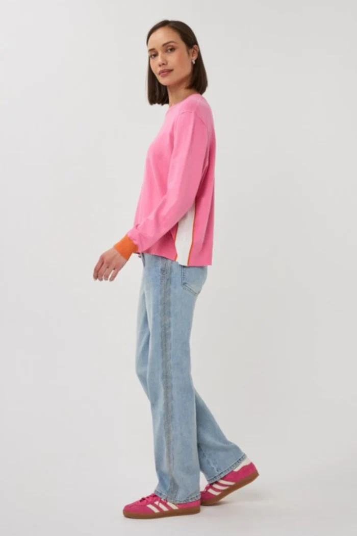 Pink Fine Knit Crew Neck Sweater with Contrast Detail - Image 5