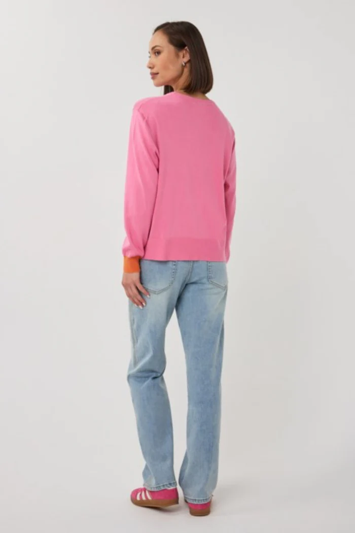 Pink Fine Knit Crew Neck Sweater with Contrast Detail - Image 6
