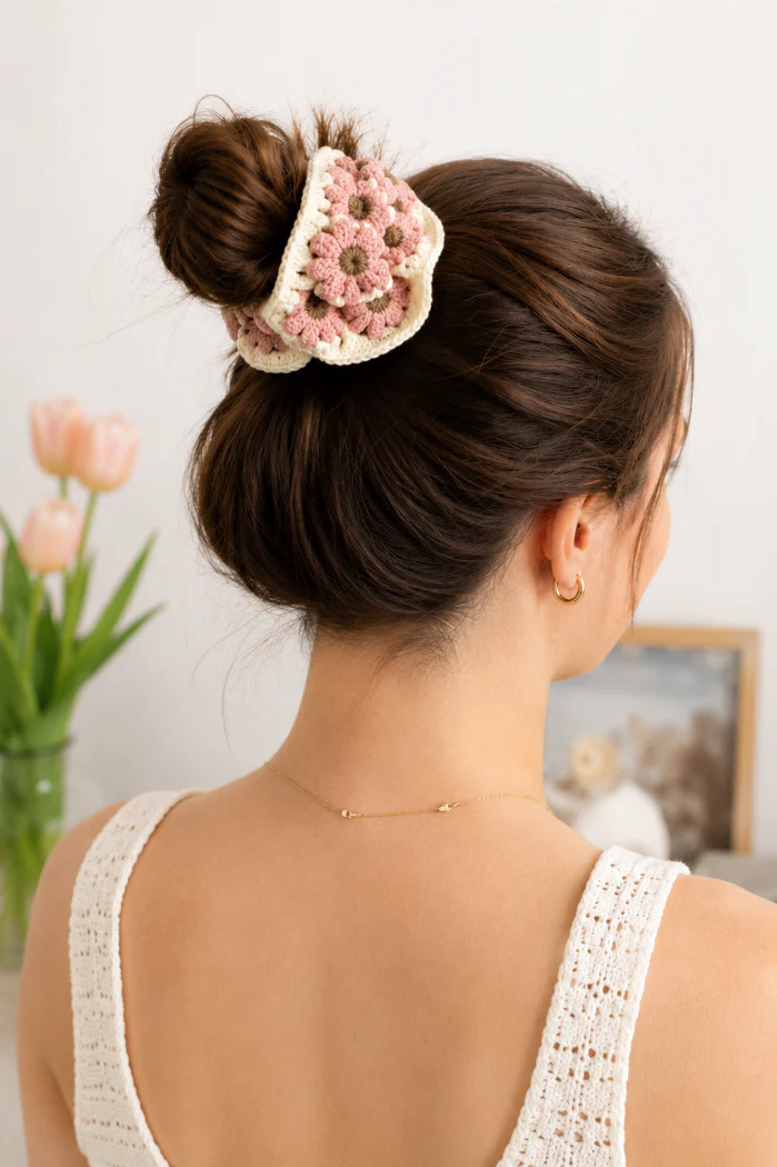 Pink Flower Bohemian Handmade Crochet Colorful Scrunchie