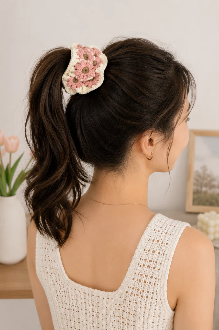 Pink Flower Bohemian Handmade Crochet Colorful Scrunchie - Image 2