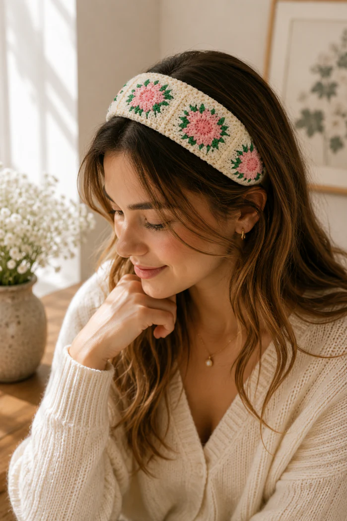 Pink Flower Knit Wide Headband